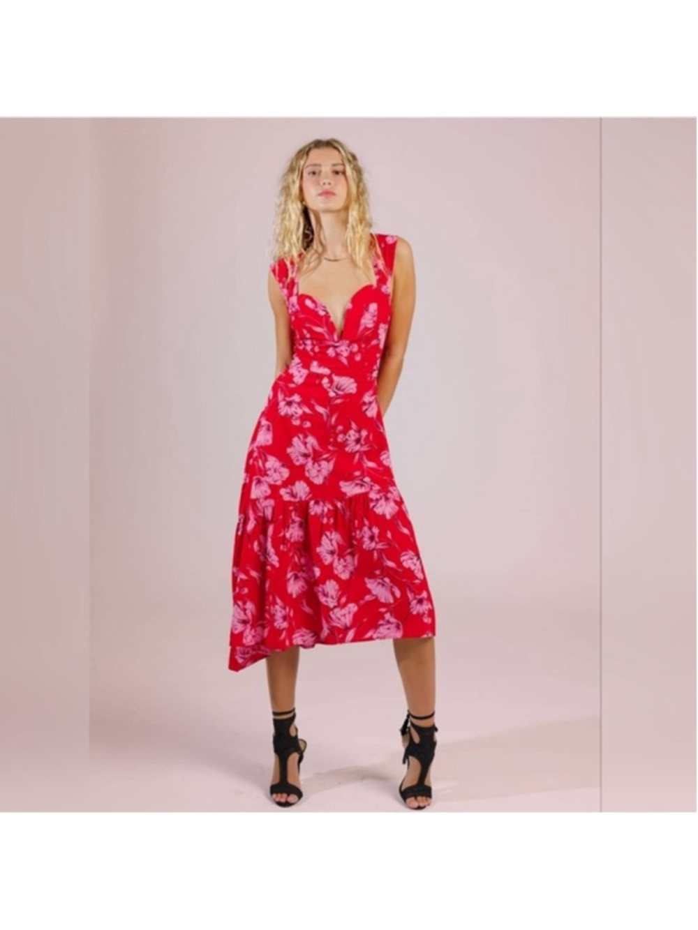 NWT Women's Band Of The Free Red Pink Floral Amor Midi Dress Large